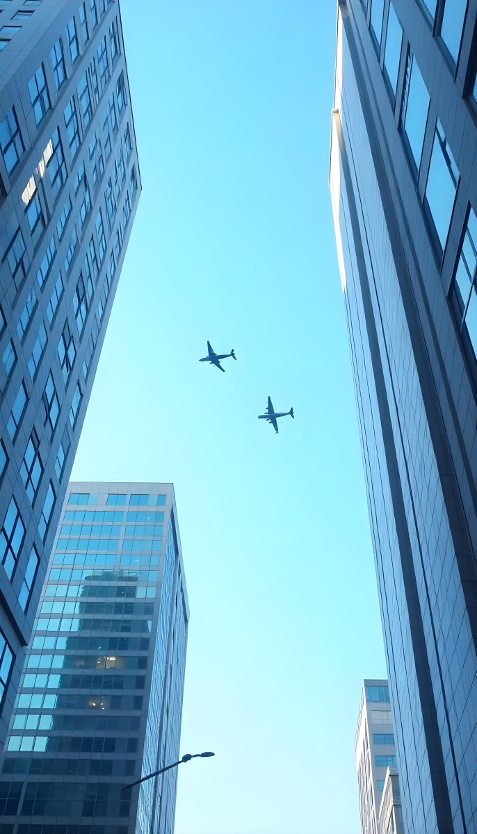 Two Airplanes Flying Between Skyscrapers Low Angle Shot Clear Sky Urban Environment City Landscape Commercial Aviation Modern Architecture Travel Concept 4 B62d