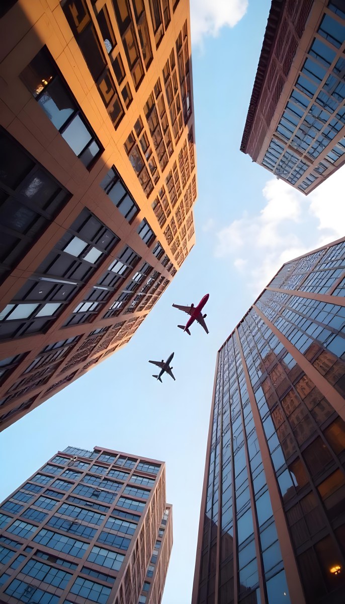 Two Airplanes Flying Between Skyscrapers Low Angle Shot Clear Sky Urban Environment City Landscape Commercial Aviation Modern Architecture Travel Concept 7 4411