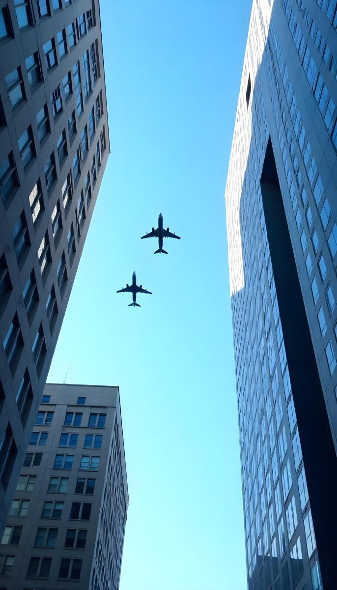 Two Airplanes Flying Between Skyscrapers Low Angle Shot Clear Sky Urban Environment City Landscape Commercial Aviation Modern Architecture Travel Concept 8 024c
