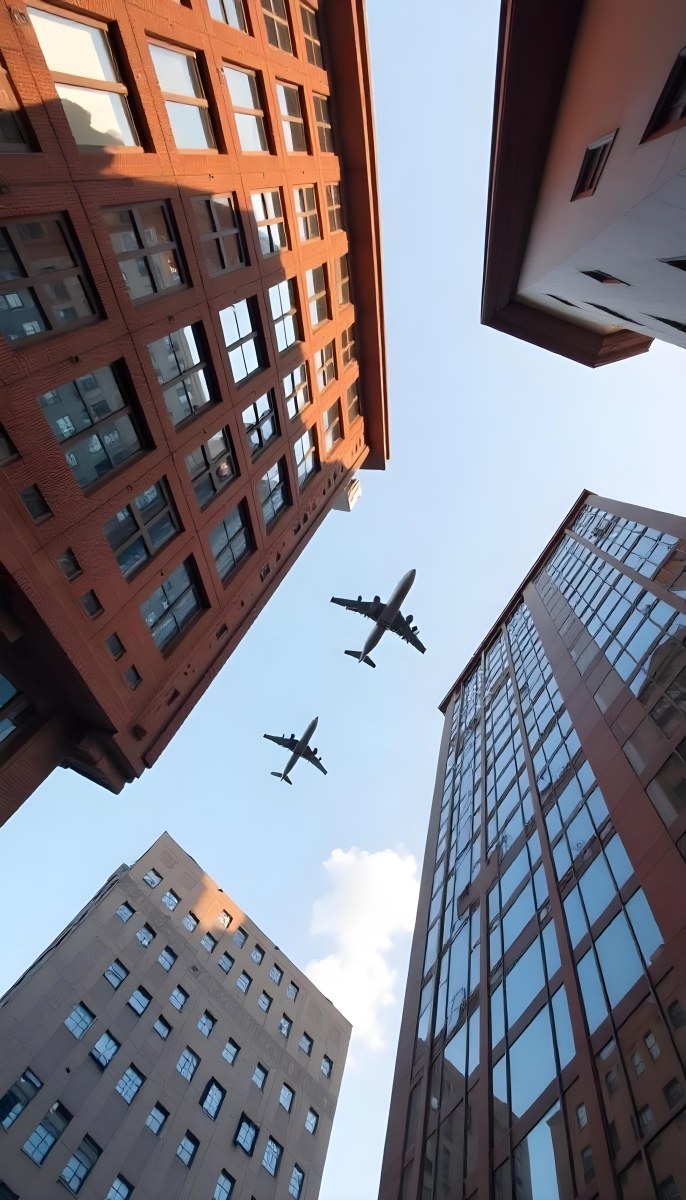 Two Airplanes Flying Between Skyscrapers Low Angle Shot Clear Sky Urban Environment City Landscape Commercial Aviation Modern Architecture Travel Concept 9 A96f