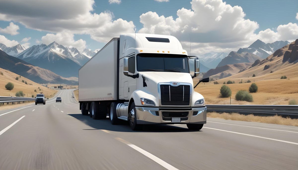 White Semi Truck On A Highway With Mountains In The Background Cloudy Sky Other Cars In The Distance Sunny Day Asphalt Road 11 D84d