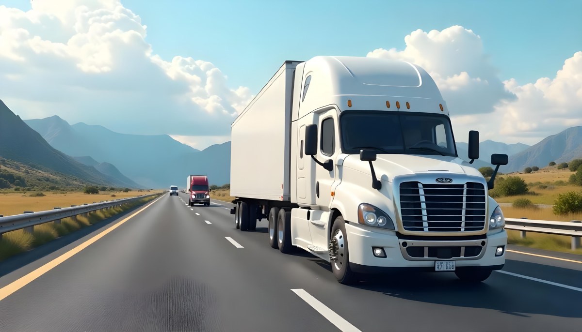 White Semi Truck On A Highway With Mountains In The Background Cloudy Sky Other Cars In The Distance Sunny Day Asphalt Road 30 Be36
