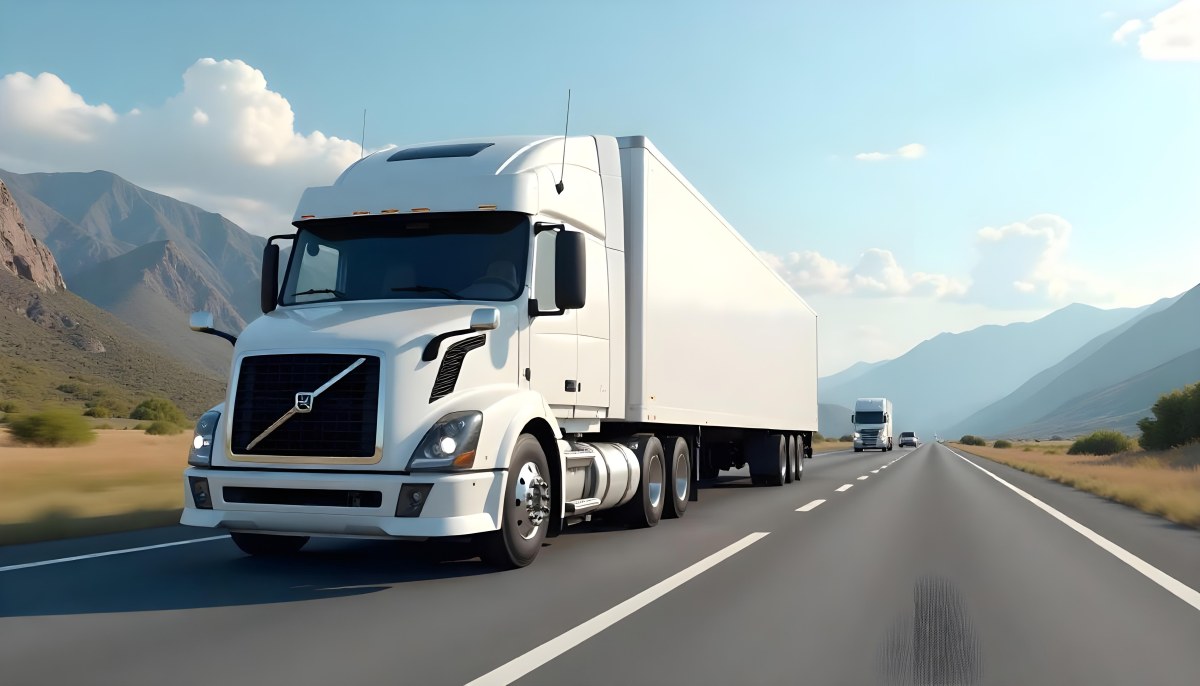 White Semi Truck On A Highway With Mountains In The Background Cloudy Sky Other Cars In The Distance Sunny Day Asphalt Road 38 8f0c