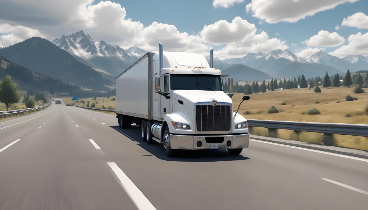 White Semi Truck On A Highway With Mountains In The Background Cloudy Sky Other Cars In The Distance Sunny Day Asphalt Road 40 Aa42