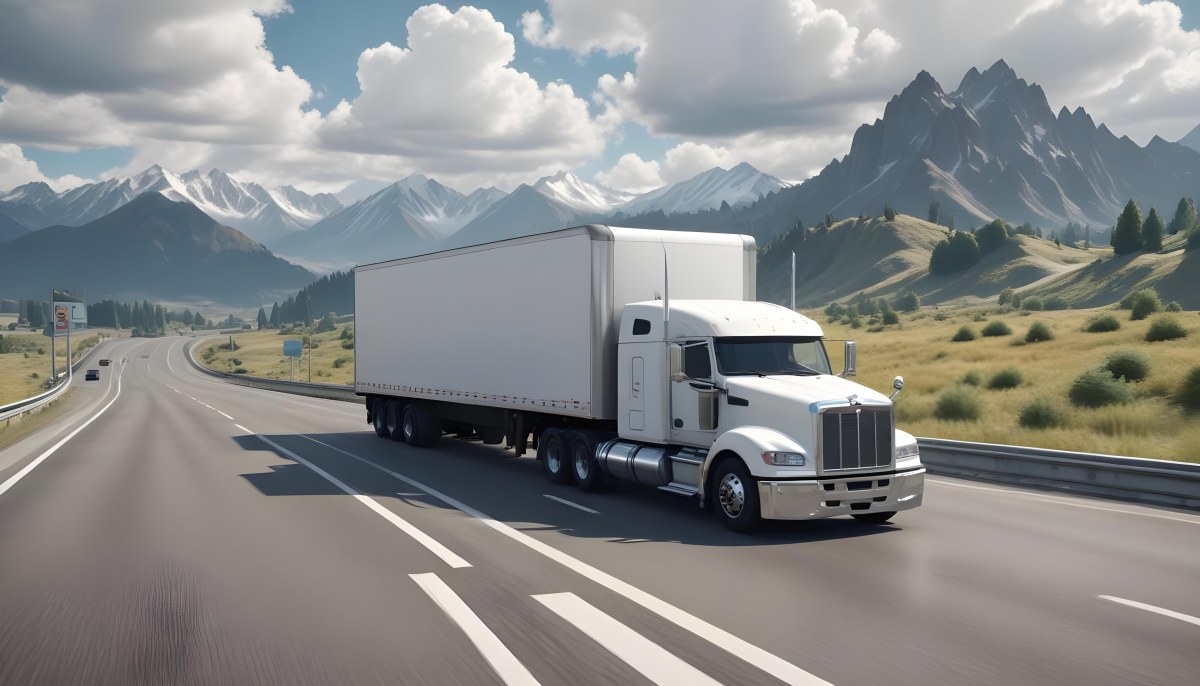 White Semi Truck On A Highway With Mountains In The Background Cloudy Sky Other Cars In The Distance Sunny Day Asphalt Road 42 52a5
