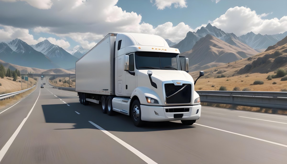 White Semi Truck On A Highway With Mountains In The Background Cloudy Sky Other Cars In The Distance Sunny Day Asphalt Road 44 Fab1