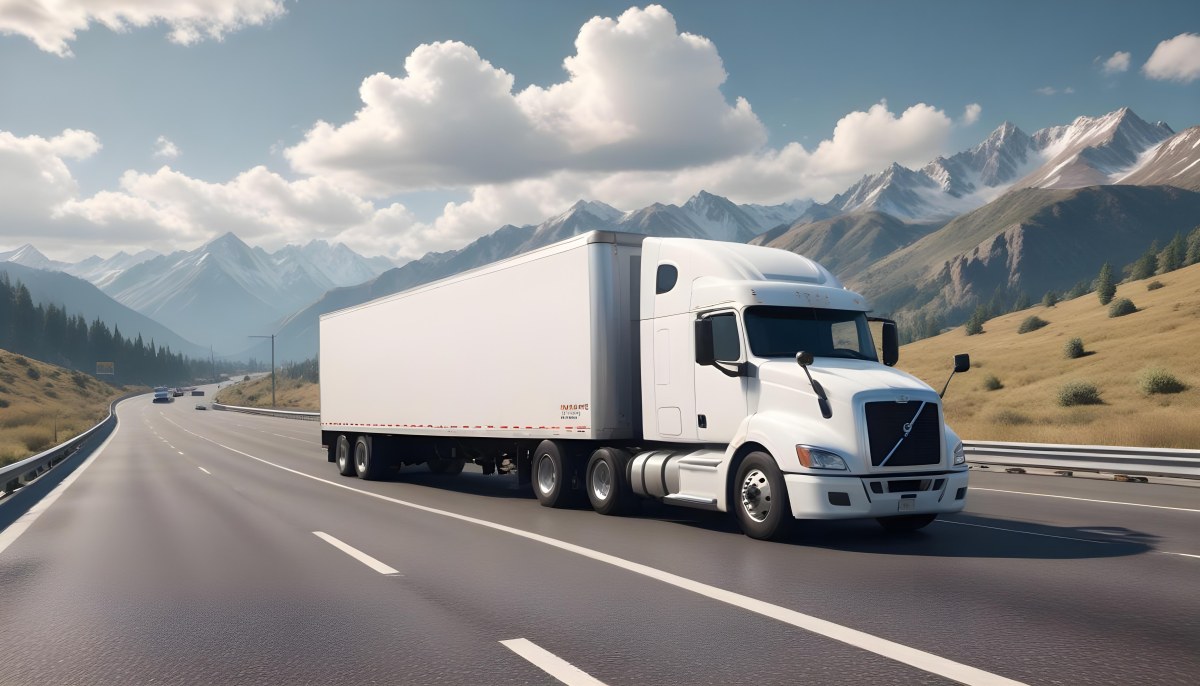 White Semi Truck On A Highway With Mountains In The Background Cloudy Sky Other Cars In The Distance Sunny Day Asphalt Road 46 Ca5d