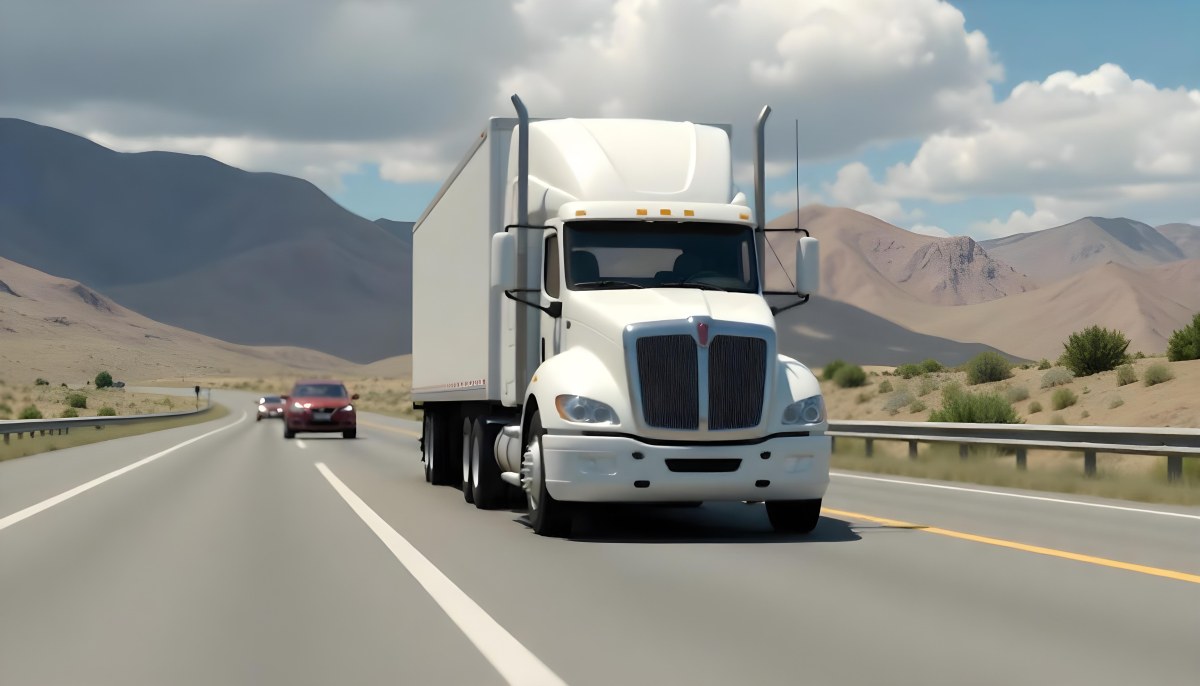 White Semi Truck On A Highway With Mountains In The Background Cloudy Sky Other Cars In The Distance Sunny Day Asphalt Road 5 Af5d