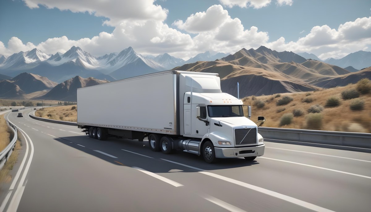 White Semi Truck On A Highway With Mountains In The Background Cloudy Sky Other Cars In The Distance Sunny Day Asphalt Road 6 E3a5