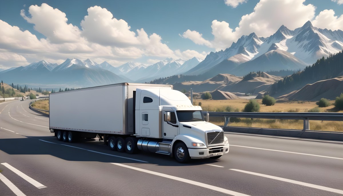 White Semi Truck On A Highway With Mountains In The Background Cloudy Sky Other Cars In The Distance Sunny Day Asphalt Road 8 80e0