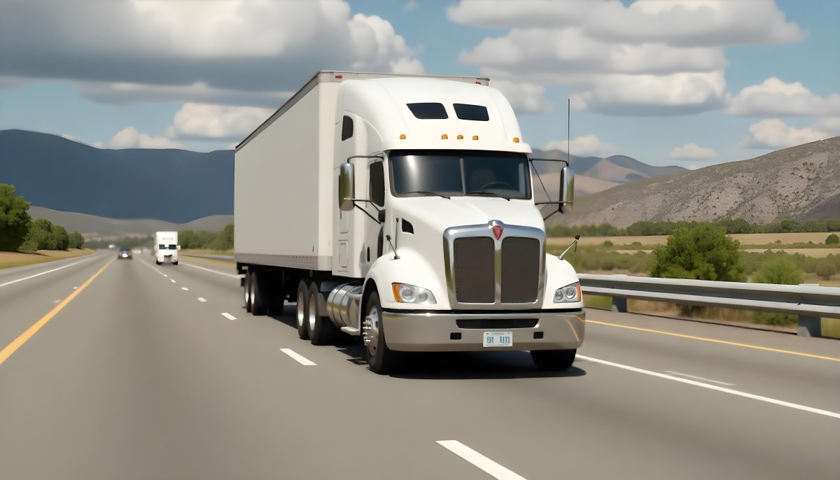 White Semi Truck On A Highway With Mountains In The Background Cloudy Sky Other Cars In The Distance Sunny Day Asphalt Road 9 957c