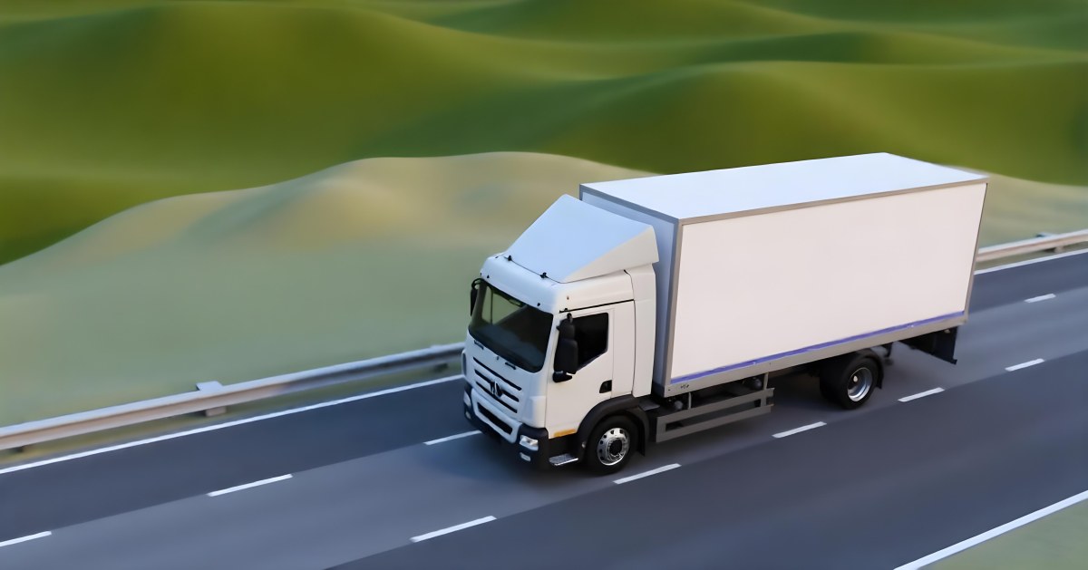 White Truck On The Road With A Green Container Green Hills In The Background Sunny Day Commercial Transport Highway 16 A0a0