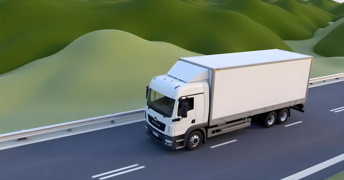 White Truck On The Road With A Green Container Green Hills In The Background Sunny Day Commercial Transport Highway 34 D4de