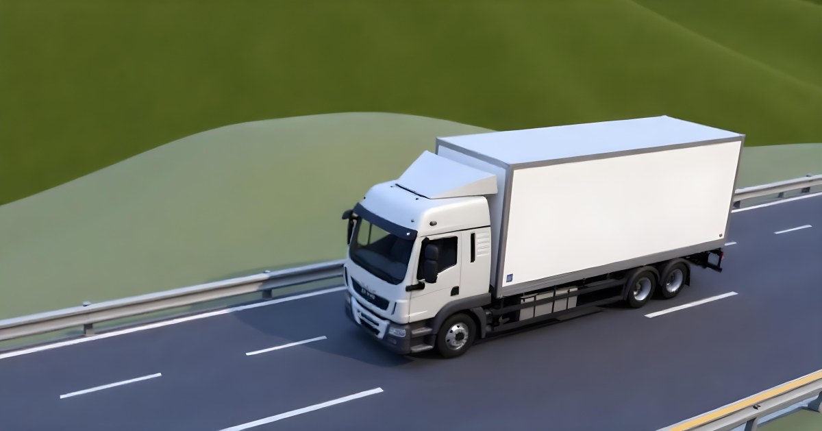 White Truck On The Road With A Green Container Green Hills In The Background Sunny Day Commercial Transport Highway 38 3664