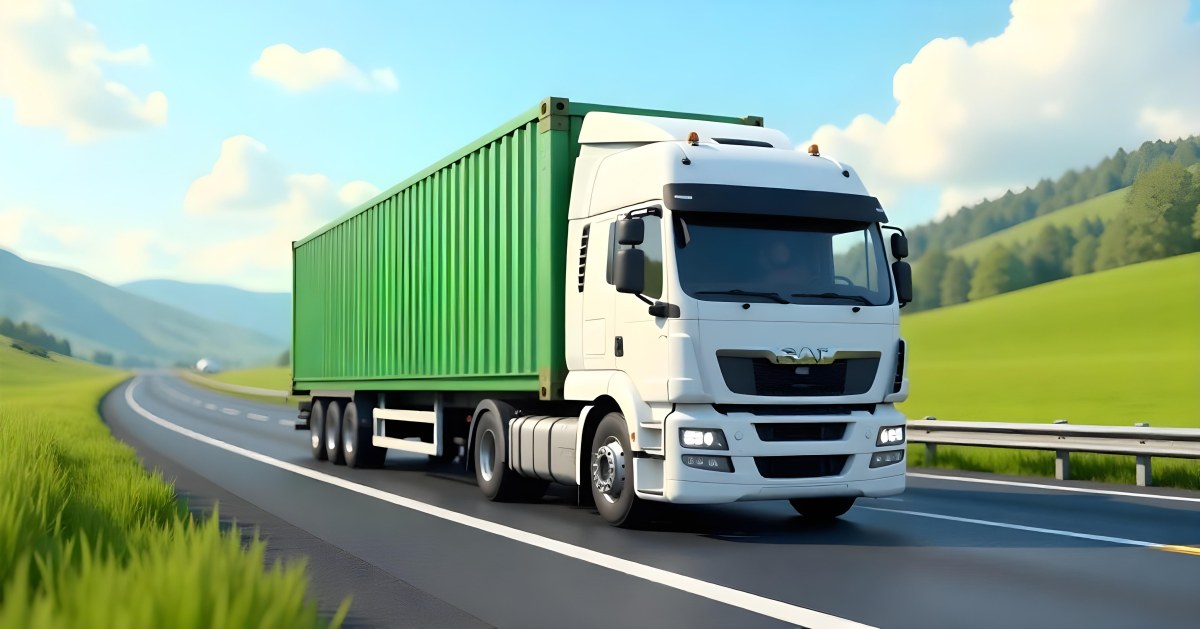 White Truck On The Road With A Green Container Green Hills In The Background Sunny Day Commercial Transport Highway 41 F063