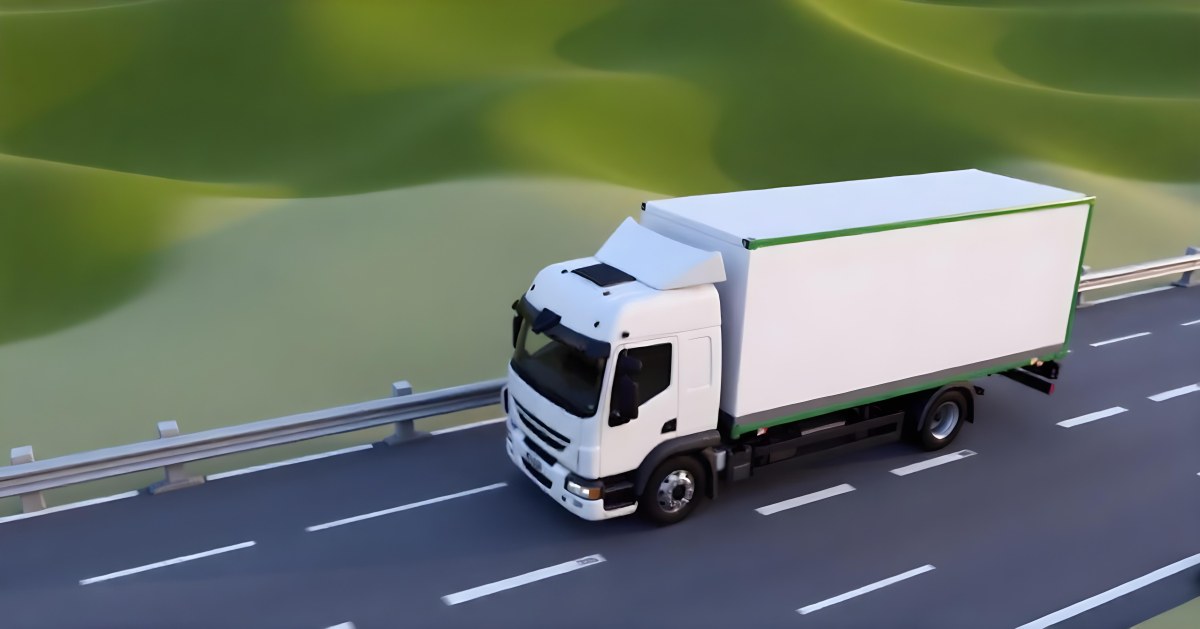 White Truck On The Road With A Green Container Green Hills In The Background Sunny Day Commercial Transport Highway 42 292c