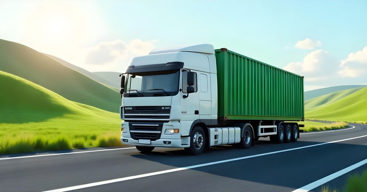 White Truck On The Road With A Green Container Green Hills In The Background Sunny Day Commercial Transport Highway 45 19dc