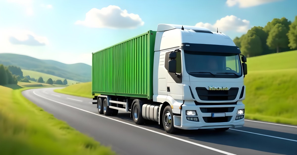 White Truck On The Road With A Green Container Green Hills In The Background Sunny Day Commercial Transport Highway 48 35aa