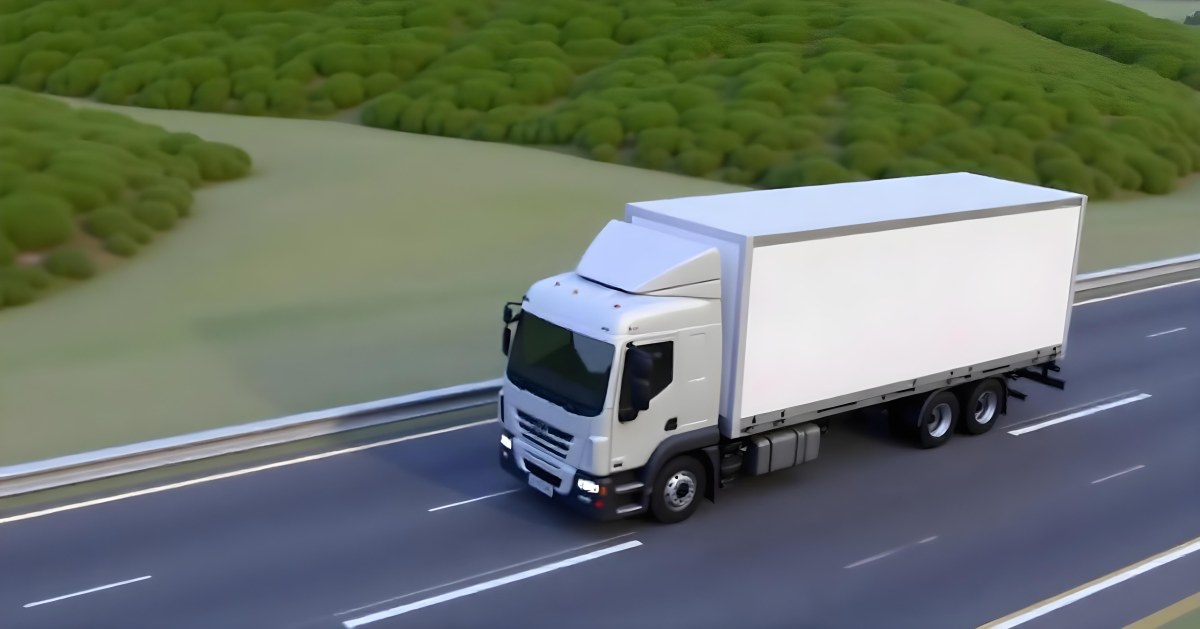 White Truck On The Road With A Green Container Green Hills In The Background Sunny Day Commercial Transport Highway 9 E93f