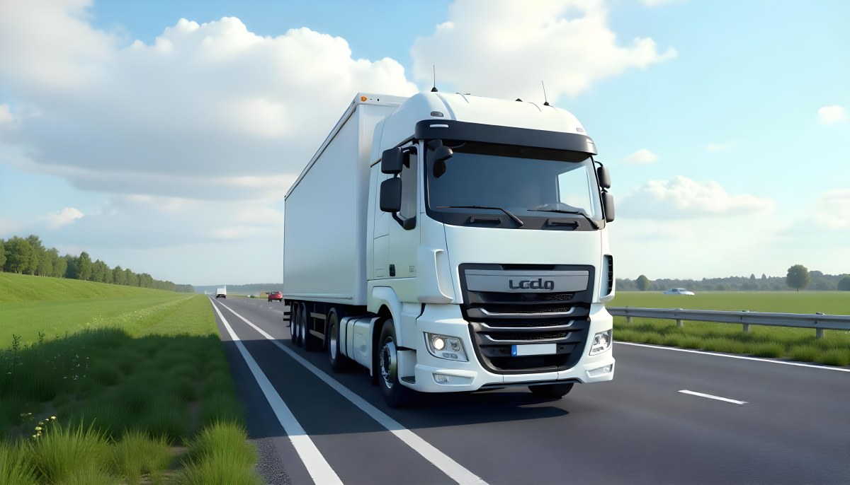 White Truck On The Road With Blue Lines Green Grass On The Left Cloudy Sky Some Cars In The Distance 1 Db9d