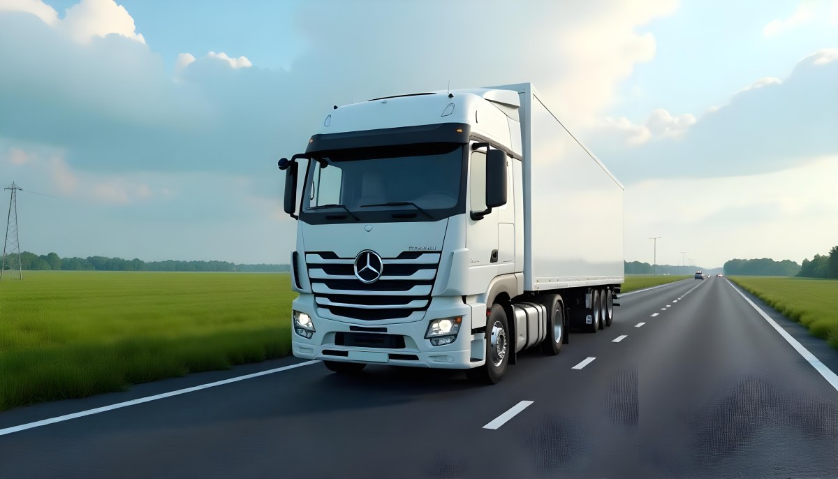 White Truck On The Road With Blue Lines Green Grass On The Left Cloudy Sky Some Cars In The Distance 13 0699
