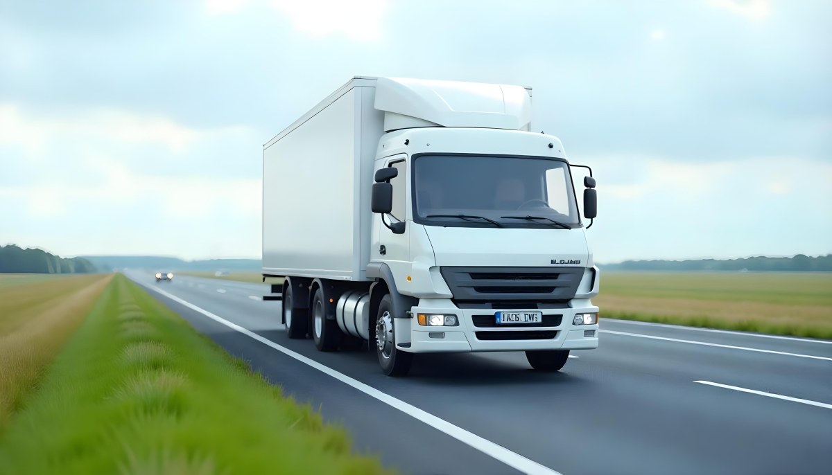 White Truck On The Road With Blue Lines Green Grass On The Left Cloudy Sky Some Cars In The Distance 17 3e95