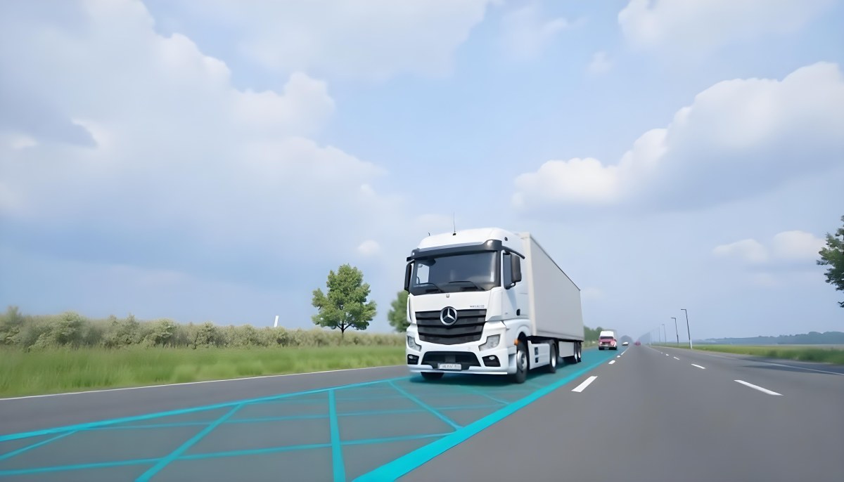 White Truck On The Road With Blue Lines Green Grass On The Left Cloudy Sky Some Cars In The Distance 20 Bb1e