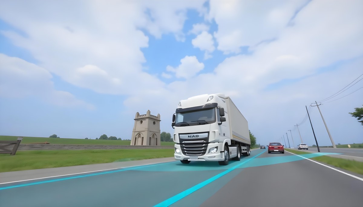 White Truck On The Road With Blue Lines Green Grass On The Left Cloudy Sky Some Cars In The Distance 24 12d1