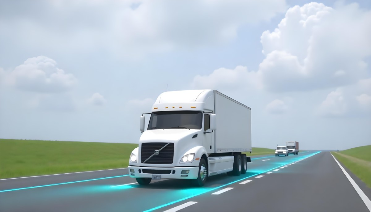 White Truck On The Road With Blue Lines Green Grass On The Left Cloudy Sky Some Cars In The Distance 26 B5df