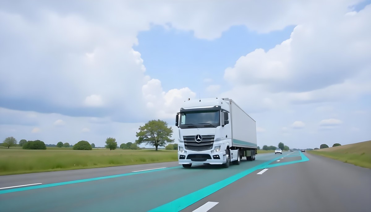 White Truck On The Road With Blue Lines Green Grass On The Left Cloudy Sky Some Cars In The Distance 28 3a99