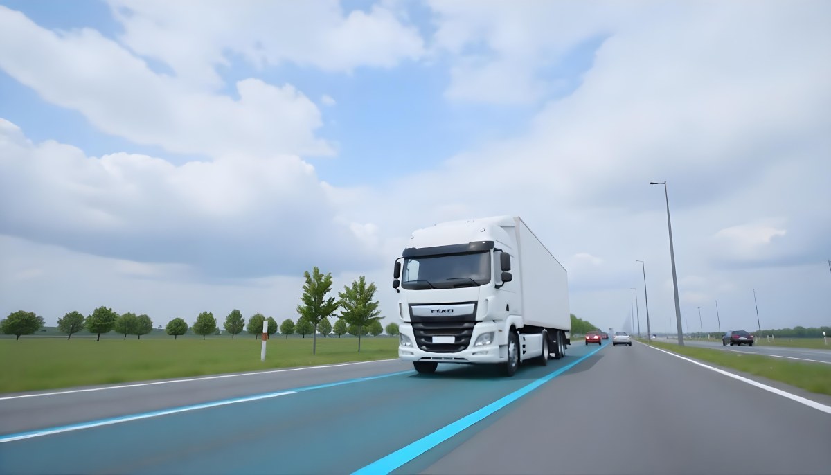 White Truck On The Road With Blue Lines Green Grass On The Left Cloudy Sky Some Cars In The Distance 30 08d3
