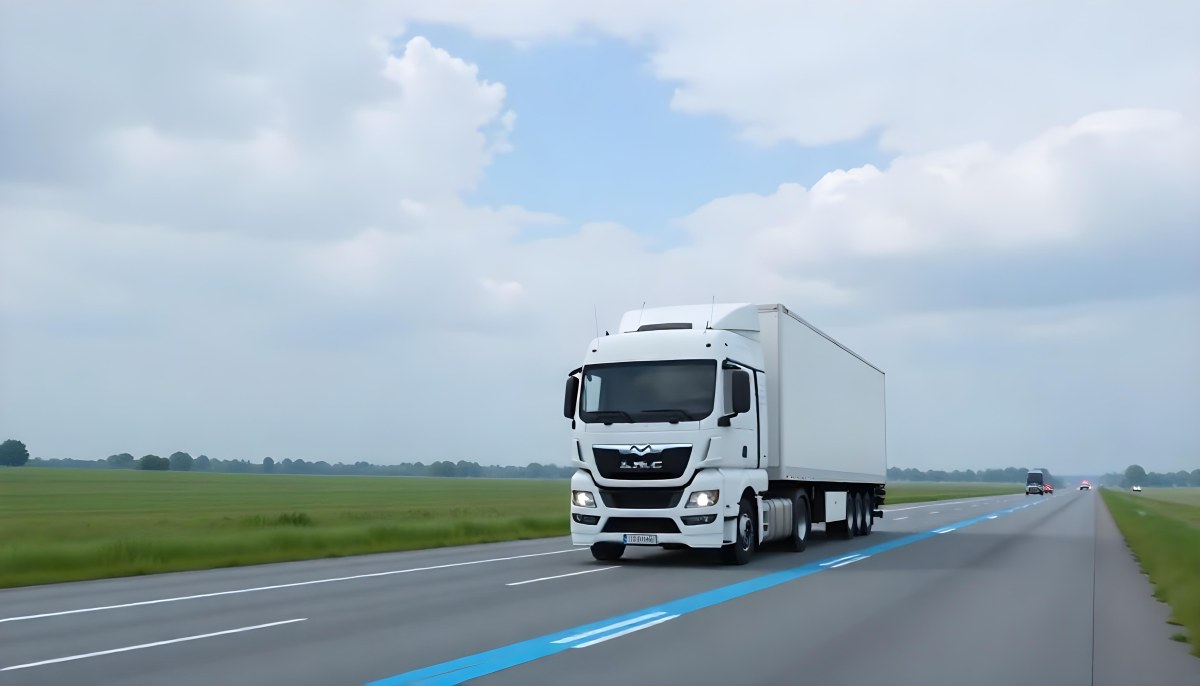 White Truck On The Road With Blue Lines Green Grass On The Left Cloudy Sky Some Cars In The Distance 31 9229