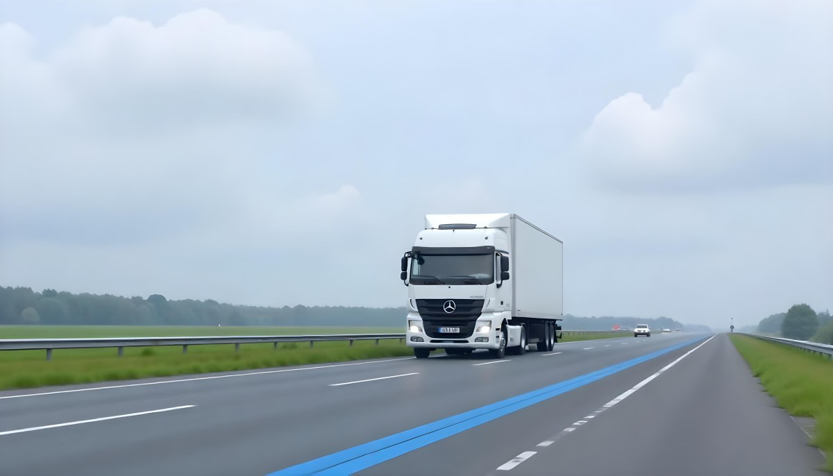 White Truck On The Road With Blue Lines Green Grass On The Left Cloudy Sky Some Cars In The Distance 4 442b