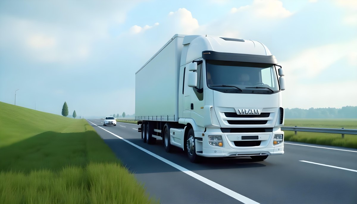 White Truck On The Road With Blue Lines Green Grass On The Left Cloudy Sky Some Cars In The Distance 5 747f