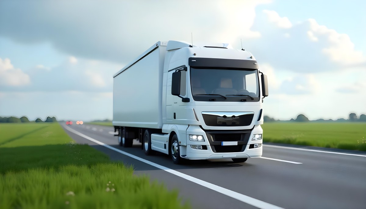 White Truck On The Road With Blue Lines Green Grass On The Left Cloudy Sky Some Cars In The Distance 7 75c4