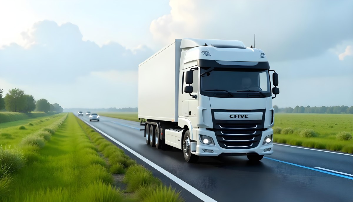 White Truck On The Road With Blue Lines Green Grass On The Left Cloudy Sky Some Cars In The Distance 9 Adac