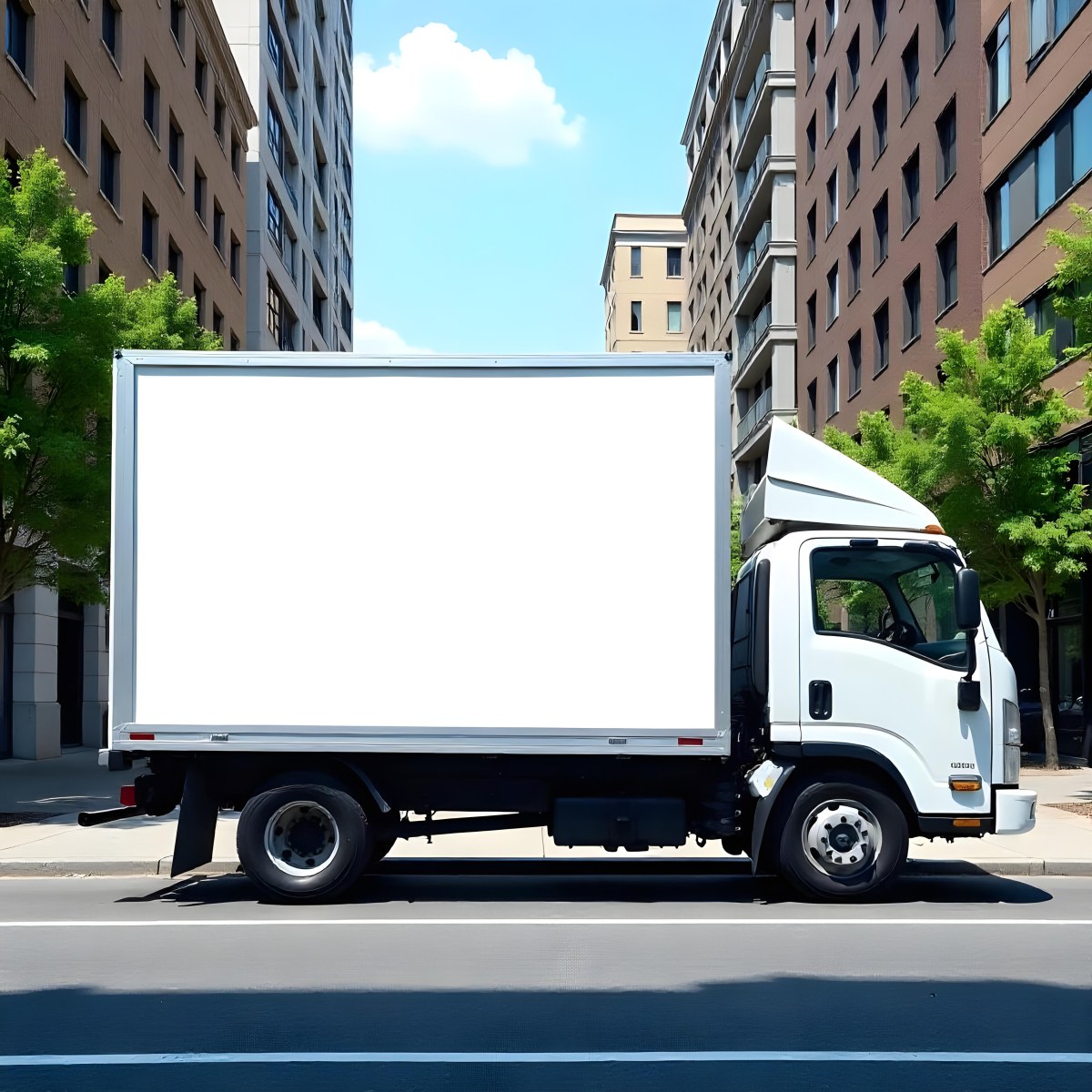 White Truck With A Blank Billboard On The Side Parked On The Street Buildings And Trees In The Background Sunny Day 11 B427