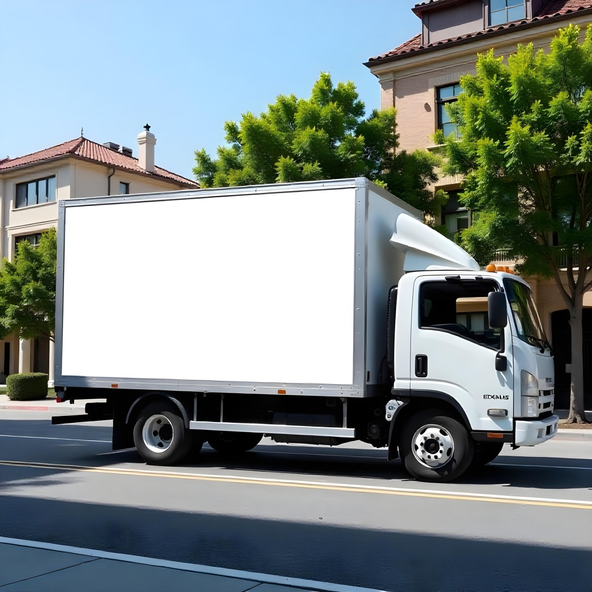 White Truck With A Blank Billboard On The Side Parked On The Street Buildings And Trees In The Background Sunny Day 24 F98f
