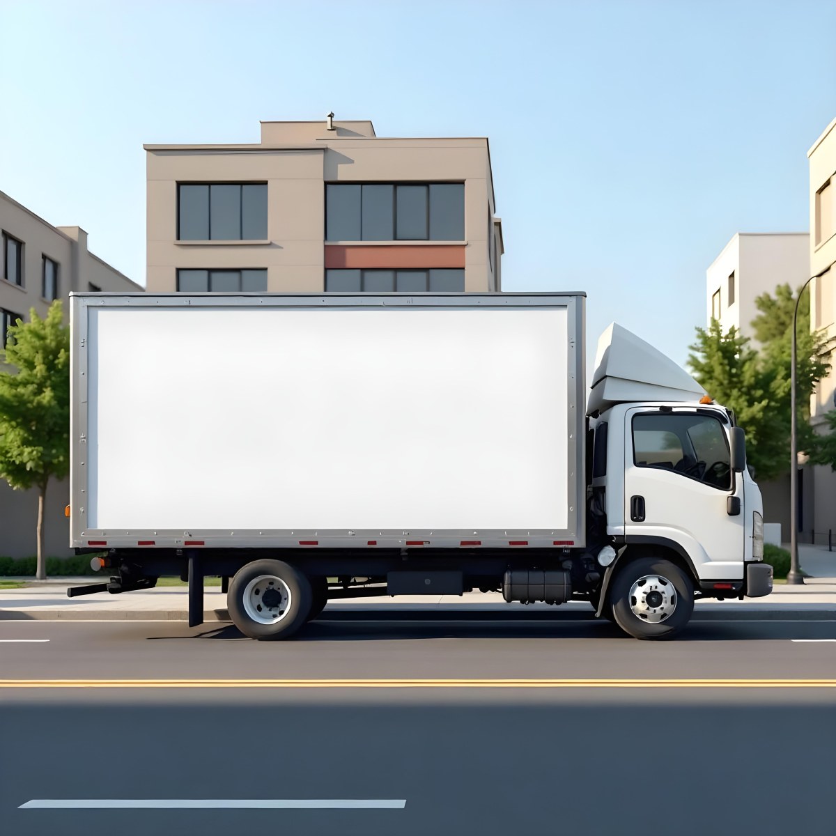 White Truck With A Blank Billboard On The Side Parked On The Street Buildings And Trees In The Background Sunny Day 25 29ba
