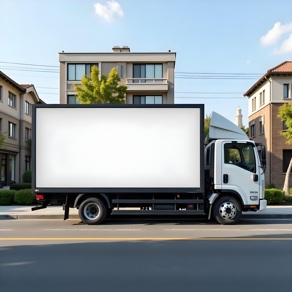 White Truck With A Blank Billboard On The Side Parked On The Street Buildings And Trees In The Background Sunny Day 27 A6f5