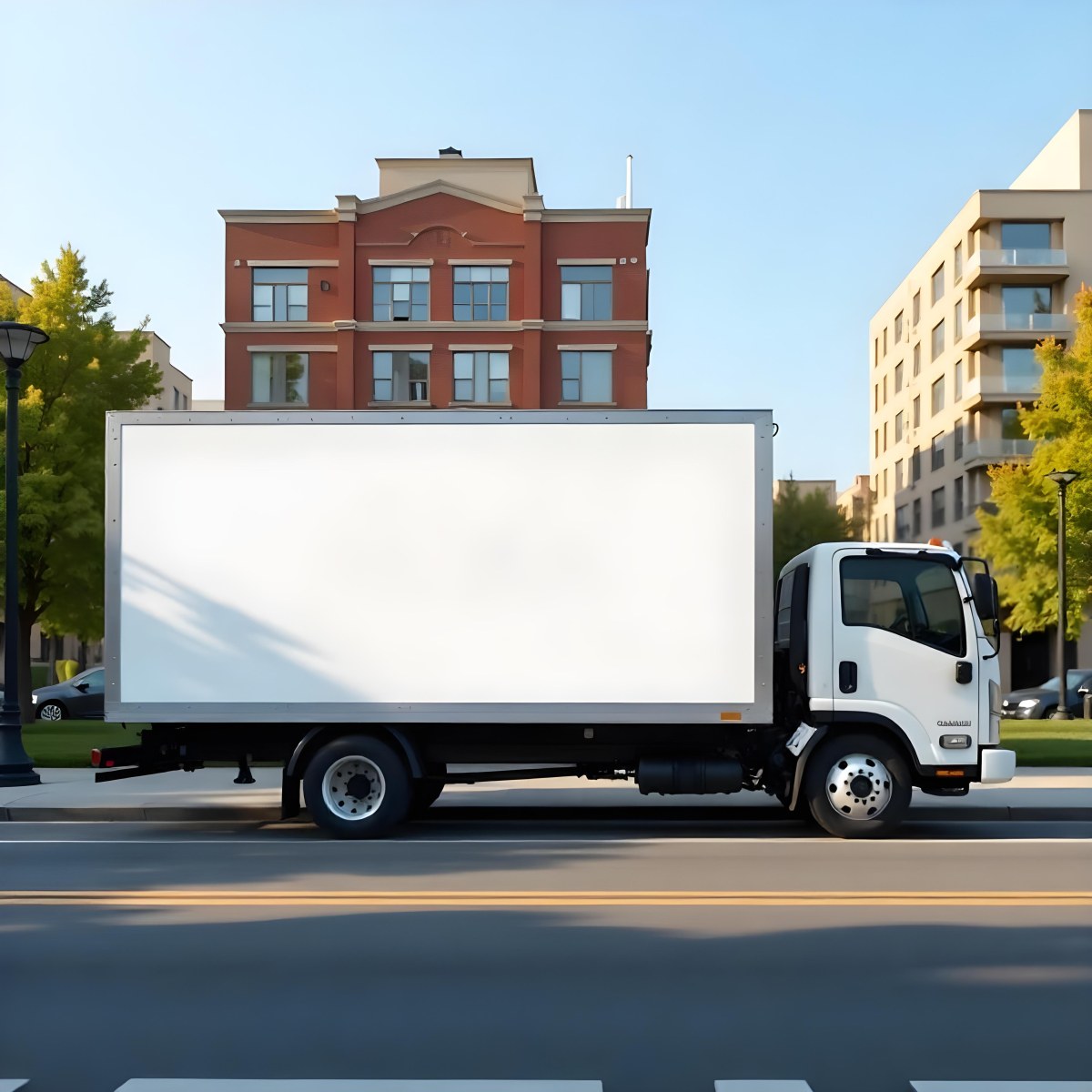 White Truck With A Blank Billboard On The Side Parked On The Street Buildings And Trees In The Background Sunny Day 29 4c5c