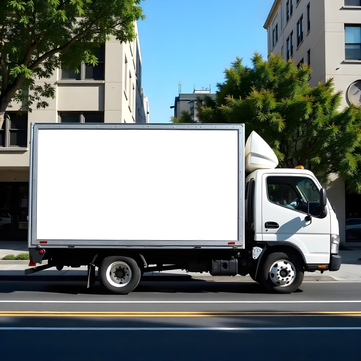 White Truck With A Blank Billboard On The Side Parked On The Street Buildings And Trees In The Background Sunny Day 5 70cf