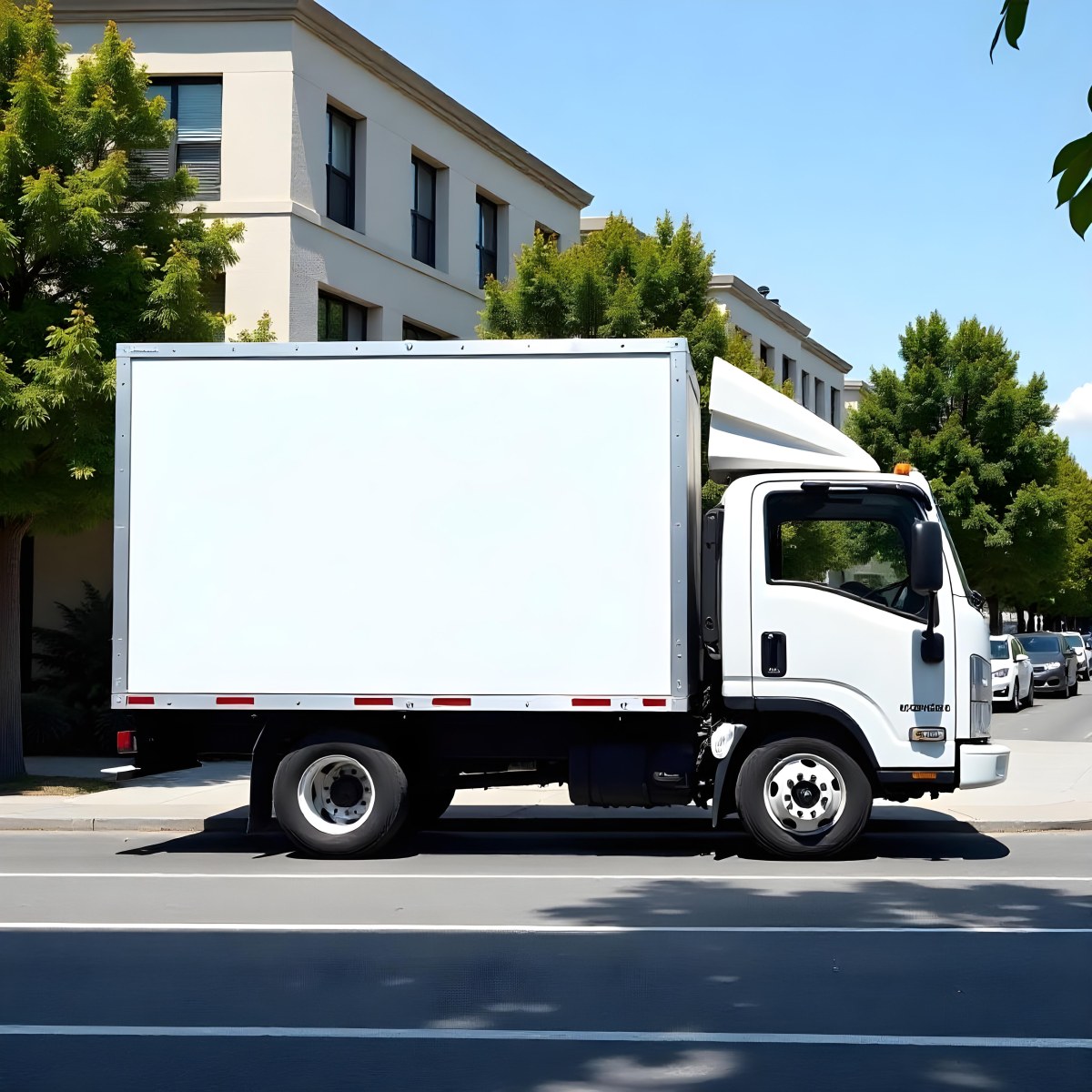 White Truck With A Blank Billboard On The Side Parked On The Street Buildings And Trees In The Background Sunny Day 7 Bc82