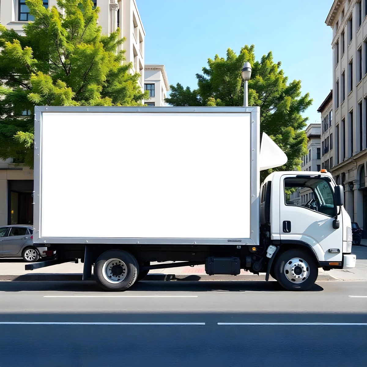 White Truck With A Blank Billboard On The Side Parked On The Street Buildings And Trees In The Background Sunny Day 8 A361