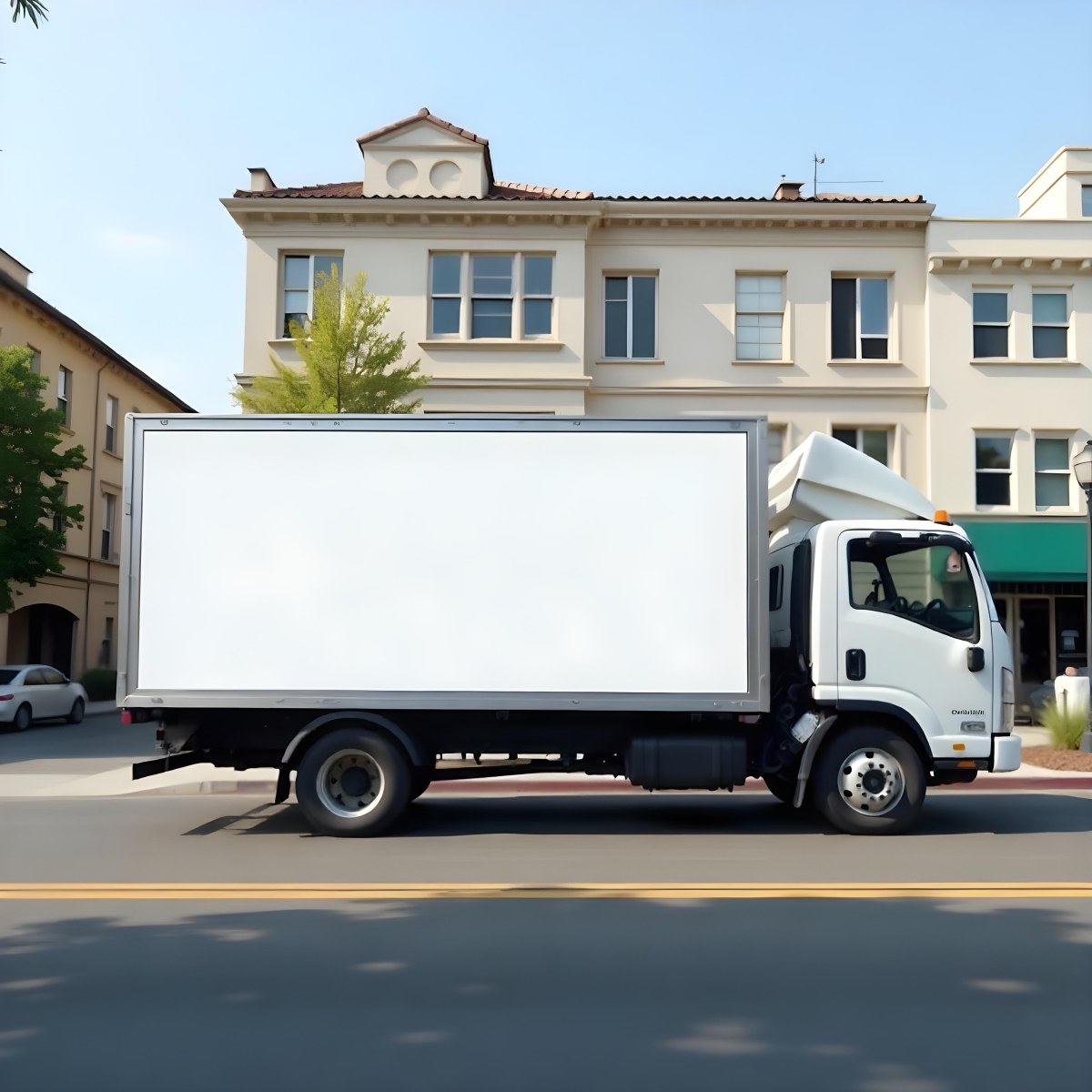 White Truck With A Blank Billboard On The Side Parked On The Street Buildings And Trees In The Background Sunny Day 9 D072