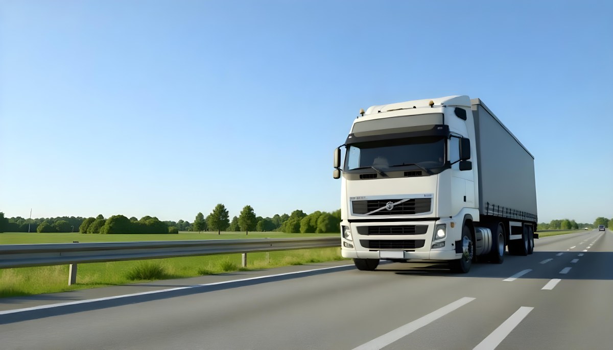 White Volvo Truck On The Highway Green Grass And Trees In The Background Clear Blue Sky Sunny Day Highway 6 1215