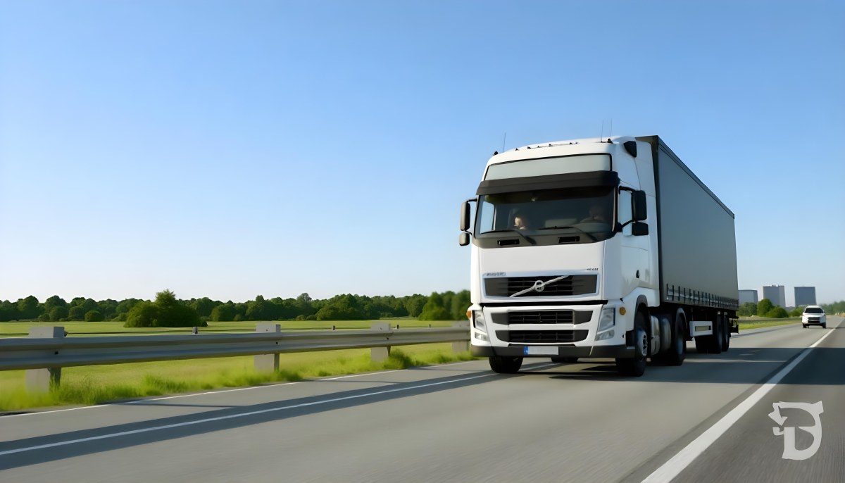 White Volvo Truck On The Highway Green Grass And Trees In The Background Clear Blue Sky Sunny Day Highway 7 9ca0