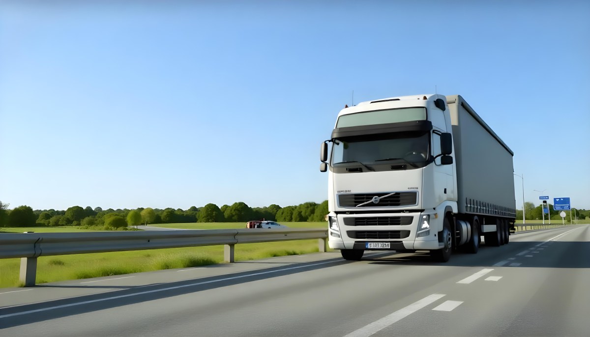 White Volvo Truck On The Highway Green Grass And Trees In The Background Clear Blue Sky Sunny Day Highway 9 De8c