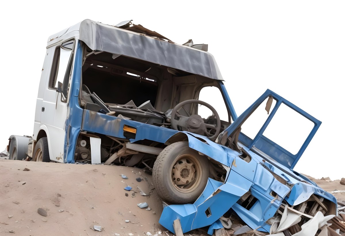 Wrecked White Truck With A Smashed Cabin And A Load Of Metal Sheets Isolated On A White Background Showing The Aftermath Of A Severe Accident 11 58f2