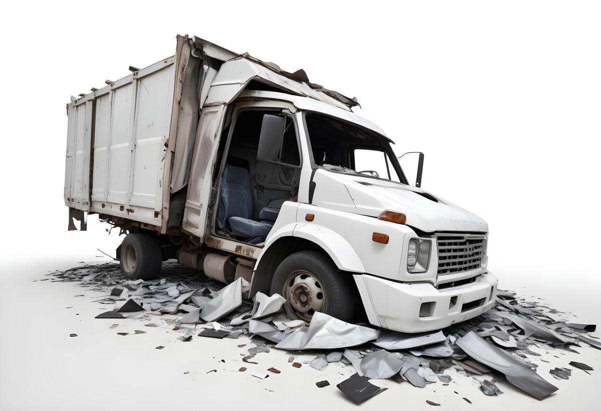 Wrecked White Truck With A Smashed Cabin And A Load Of Metal Sheets Isolated On A White Background Showing The Aftermath Of A Severe Accident 19 4b78